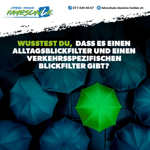 Wusstest du, dass es einen Alltagsblickfilter und einen verkehrsspezifischen Blickfilter gibt? - 🛍️ Den Alltagsblickfilter wenden wir z.B. beim Einkaufen an, beim Schlendern durch die Einkaufsstrasse. Viele Reize wirken auf unser Auge ein. L�ngst nicht alles, was auf die Netzhaut gelangt, wird uns bewusst. Wir m�chten eine neue Brille kaufen, dann liegt der Fokus auf Brillengesch�fte und nicht auf z.B. Musikgesch�fte. Wir filtern in diesem Moment die pers�nlichen Interessen und Vorlieben heraus, in dem Fall also Brillengesch�fte - Musikgesch�fte beachten wir kaum.