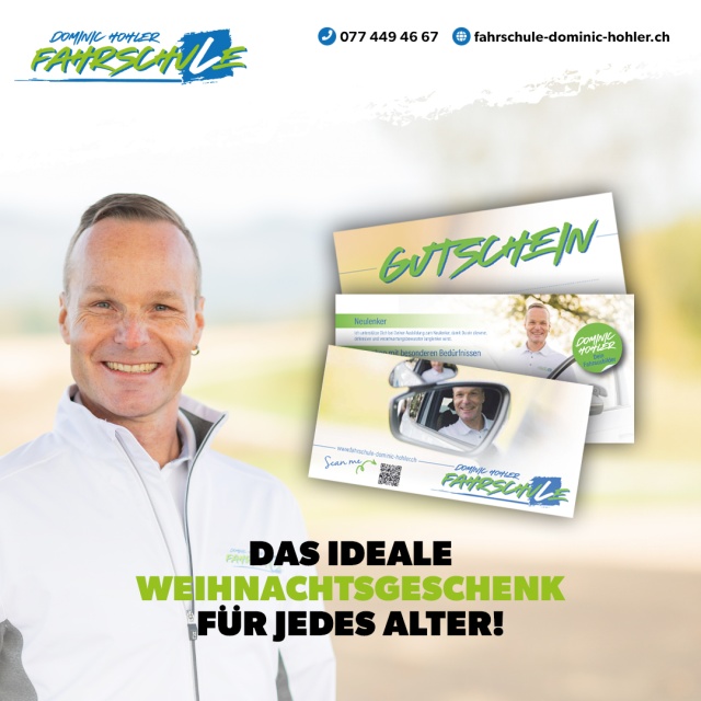 Das ideale Weihnachtsgeschenk f�r jedes Alter - Schenke Mobilit�t und Freiheit mit einem Gutschein der Fahrschule Dominic Hohler! 🚗💨
