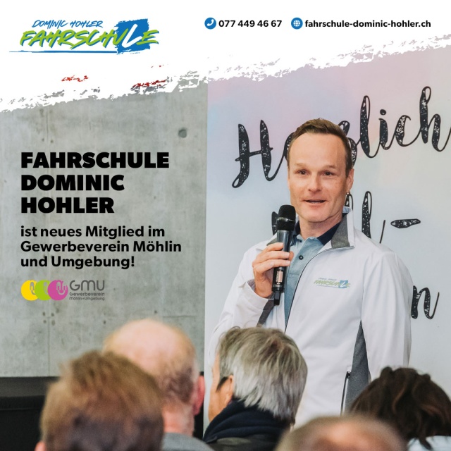 Fahrschule Dominic Hohler ist neues Mitglied im Gewerbeverein M�hlin und Umgebung - Die Fahrschule Dominic Hohler ist jetzt Mitglied des Gewerbevereins M�hlin und Umgebung. Dominic Hohler konnte sich bereits an der Generalversammlung vom 20. M�rz 2025 pers�nlich vorstellen und freut sich auf die aktive Teilnahme im lokalen Gewerbe.
