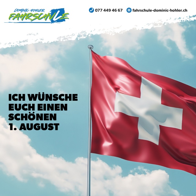 Einen wundersch�nen 1. August - Ich w�nsche allen einen wundersch�nen 1. August.

Geniesst den Nationalfeiertag mit euren Liebsten, leckerem Essen und einem tollen Feuerwerk. 🎉🎆

📞 Telnr.: 077 / 449 46 67
🌐 https://www.fahrschule-dominic-hohler.ch/

#1august #nationalfeiertag #schweiz #feuerwerk #feiertag #fahrschule #dominichohler